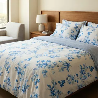 LERUUM Bettwäsche Set 140x200 Baumwolle Reversibel Streifen Blumen Blau Weiß Bettbezug (140 x 200 + 65 x 65 cm)