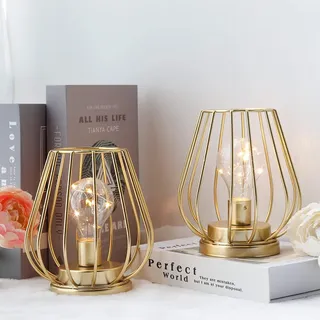 TRIROCKS 2 Set Modern Metall Batteriebetriebene Lampe 17 cm Groß Kleine Schnurlose Tischlampe Batterie Laternen mit Warmen Lichtern Birne für Patio Garten Hochzeit Parteien Innen Außen (Golden)