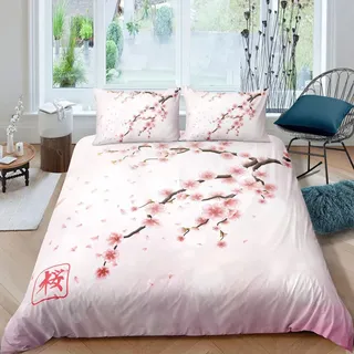 Loussiesd Kirschblüten Bettwäschezug Set 135x200cm Japanisch Stil Romantisch Rosa Bettbezug Set Botanisch Blumen Bedruckte Betten Set Mit Reißverschluss Frauen Mädchen Weich Bettwäsche