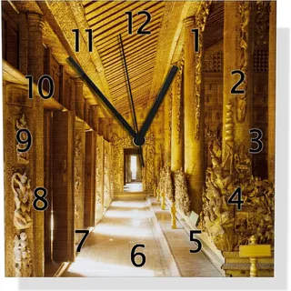 Wallario Design Wanduhr Buddhistischer Tempel aus Holz - Mandaley aus Aluverbund, Größe 30 x 30 cm - Schwarz