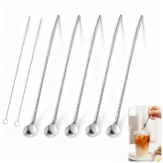 6 Stück Edelstahl Strohhalm mit Löffel - Wiederverwendbare Löffelstrohhalme aus Metall mit 2 Reinigungsbürsten für Smoothies Milchshakes Cocktails Slush Eiskaffee, Langlebig & Spülmaschinengeeignet