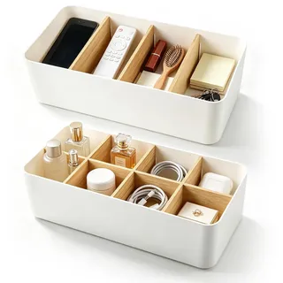 2er Set Schreibtisch-Organizer, 4+8 Fächer, Weiß, mit Bambus-Trennwänden | Herausnehmbare Einsätze,robustes PP,kompakte Maße, ideal für Büro,Kinderzimmer,Bad,Küche,Kosmetik und Fernbedienungen