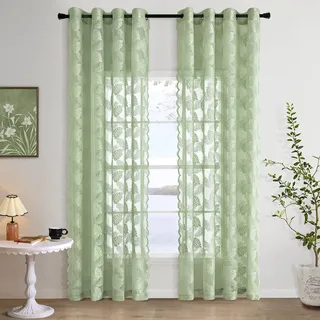 MIULEE Spitzenvorhänge mit Transparent Lichtdurchlässige Vorhänge Muster Gardinen mit Ösen 2er Set Voile Vintage Europäische Stil für Schlafzimmer und Wohnzimmer Vorhang, 2X H225 x B150 cm, Grün