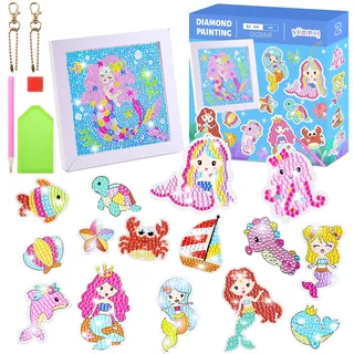Maomaoyu 5D DIY Diamond Painting Kinder Set mit Bilderrahmen, 25 Stück Sticker und 2 Diamond Painting Schlüsselanhänger, Basteln Mädchen und Geschenk Mädchen 5-12 Jahre, Meerjungfrau