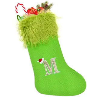 TOPWAYS Weihnachtsstrumpf, 50cm Grinch Weihnachtsstrumpf Gestrickt, Personalisierte Weihnachtsstrümpfe mit Buchstaben, Weihnachtsbaum Kamin Hängende Ornamente Geschenkhalter Weihnachtsdekorationen