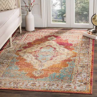 Safavieh Boho Teppich für Wohnzimmer, Esszimmer, Schlafzimmer - Crystal Collection, Kurzer Flor, Orange und Hellblau, 91 X 152 cm