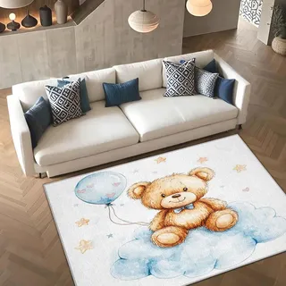 UUZEAI Teddybär-Teppiche fürs Kinderzimmer, Aquarell-Ballon, Sterne und Wolken, rutschfest, waschbar, für Babyzimmer und Schlafzimmer (120 x 170 cm)