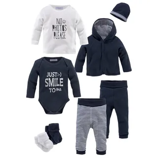 Starterpaket KIDSWORLD "8tlg. Baby-Set", Jungen, Gr. 50/56, blau (marine, weiß), Interlock, Obermaterial: 100% Baumwolle. Söckchen: 95% Baumwolle, 5% Elasthan. Bündchen: 95% Baumwolle, 5% Elasthan, Basic, KOB Set-Artikel Starterpaket, aus Bio-Baumwolle, Topseller