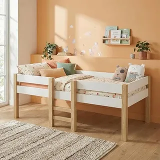 Aspy Kinderbett 90x200 cm – Hochbett mit Rausfallschutz & Lattenrost – Halbhochbett mit Leiter aus Kiefer Massivholz in Weiß/Natur – Jugendbett für Jungen und Mädchen
