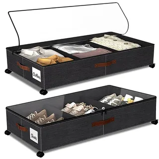 SPEEDEVE 2 Stück Unterbett Aufbewahrungsbox 50L Unterbettkommode mit Rollen & Verstellbar Trennwand Bettkasten Organizer Unterbettbox für Kleidung Schuhe Decken Bettwäsche,Schwarz-stil 2,2er-Pack