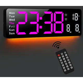 Fuloon 16" Große Wanduhr Digital, 8 Farben Digital Uhr Wanduhr mit Nachtlichtern, LED Digitaluhr mit Fernbedienung, Countdown, Datum, Temperatur für Wohnzimmer Büro Fitnessstudio