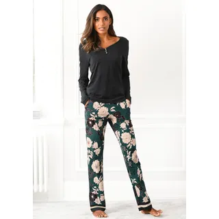 s.Oliver Pyjama Set, 2 tlg. mit geblümter Schlafhose, schwarz, dunkelgrün
