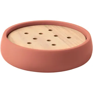 Spirella Seifenschale Sven Polyresin & Holz, Ø 11,6 cm, Terrakotta | Freistehend ohne Bohren, Ablauf hält die Seife trocken, matte Oberfläche, leicht zu reinigen, Serie Sven