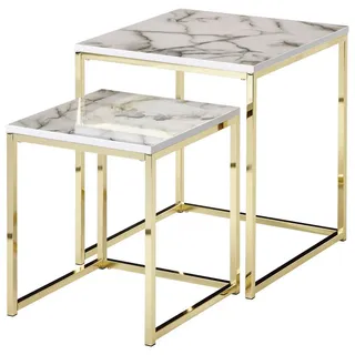 Mid.you Satztisch , Weiß, Goldfarben , Holzwerkstoff , 2-teilig , Marmoroptik , quadratisch , eckig , 45x50x45 cm , Wohnzimmer, Wohnzimmertische, Couchtische, Couchtische Marmoroptik