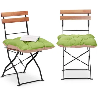 Relaxdays Sitzkissen 50 x 50 cm, 2er Set Gartenstuhlauflage mit Band, bequeme Sitzpolster für Garten und Heim, grün/sand