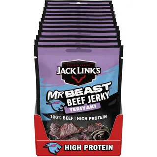 Jack Links Beef Jerky Teriyaki – 12er Pack (12 x 60g) – Trockenfleisch Eiweiß Snacks - High Protein Snack für Gym, Fitness, Outdoor - American Food für Menschen - Dörrfleisch Chips aus Rind Fleisch