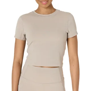 Amazon Essentials Damen Active FormFlex Buttery Soft Bauchfreies Layering-Workout-Top, mit kurzen Ärmeln und schlanker Passform, Taupe, M