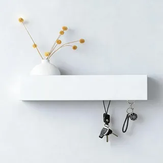WJUAN Schlüsselbrett mit Ablage, Schlüsselablage Flur mit 5 Haken, Schlüsselanhänger Wand aus Metall und Holz, Platzsparend, 30 x 7,5 x 6 cm, Weiß, für Eingangsbereiche, Flure, Wohnzimmer