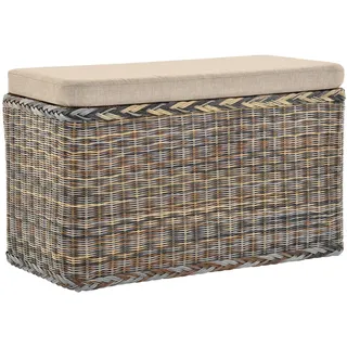 Rattan Wäschekorb Wäschetruhe Sitz gepolstert Honig, Flur-Bank Aufbewahrungsbox mit Deckel Bad-Hocker Sitzhocker Wäschesammler Sitz-Truhe Natur (Mehrfarbig, Rechteckig)