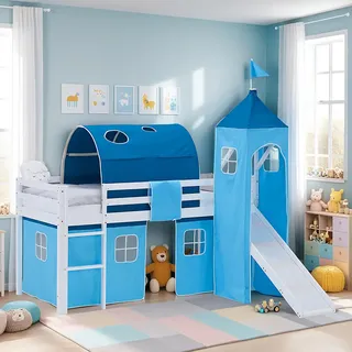 Homestyle4u Hochbett 90/200 cm in weiß Rutsche Blau , Blau, Weiß , Textil , Kiefer , 90x200 cm , Babymöbel & Kindermöbel, Kinderzimmer & Jugendzimmer, Kinderbetten, Hochbetten