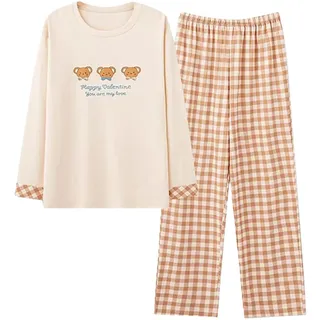 Nuqqichongtian Schlafanzug Damen Pyjama Set Lang Zweiteiliger Nachtwäsche Raglanärmel Sleepwear und Karierte Pyjamahose Hausanzug Freizeitanzug Loungewear
