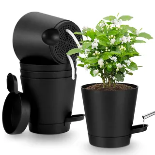 Yimomoyi 5 Stück Kunststoff Blumentopf mit Bewässerungssystem, Selbstbewässerung Übertopf mit Untersetzer, Rund Pflanzkübel für Innen und Balkon Garten Pflanzen Sukkulenten Kaktus (Schwarz)
