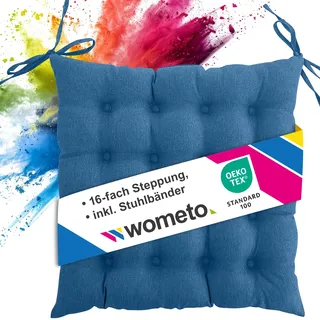 wometo Stuhl Sitzkissen 40x40 Oeko-TEX mit Bändern/Schleifen türkis | gesteppte Sitzpolster / Stuhlkissen mit Steppung für Indoor und Outdoor, drinnen und draußen nutzbar