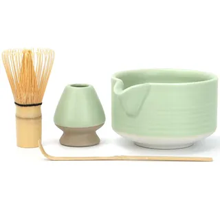 Ulable Matcha Komplettset, 4-teiliges Set inkl. Bambus Besen (75-80 Zinken), Keramik Schale, Chashaku & Ständer - Für Japanische Teezeremonie & Matcha Latte - Handmade aus Naturbambus