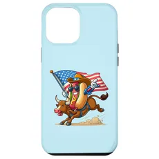 Hülle für iPhone 15 Plus Funny Hotdog US Flag Riding Bull 4th of Juli Rodeo boys kids