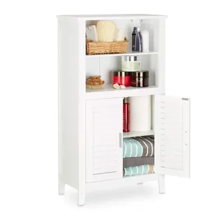 Relaxdays Badezimmerschrank weiß LAMELL, Badschrank aus Bambus, Telefonschrank, HBT: 92 x 50 x 25,5 cm