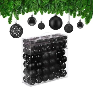 Relaxdays Weihnachtskugeln 150er Set, glitzernde, Matte & glänzende Christbaumkugeln, Kunststoff, ∅ 3, 4 & 6 cm, schwarz