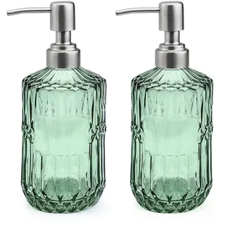 Realand Glas-Seifenspender mit Edelstahl-Pumpe, 450 ml, Vintage, nachfüllbar, Flüssigseifenspender-Set für Badezimmer, Küche, Handseife, Spülseife, Lotion, 2 Stück (grün)