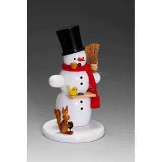 Albin Preissler Räuchermännchen "Schneemann mit Eichhörnchen, Handwerkskunst aus dem Erzgebirge" Weihnachtsdeko aus Buchenholz, weiß
