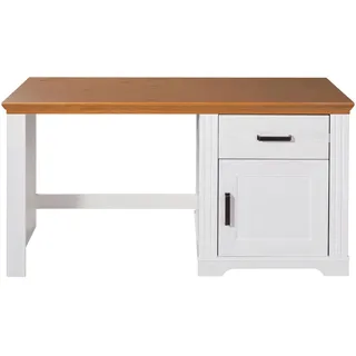 Mid.you Schreibtisch , Weiß, Eichefarben , Metall , Kiefer , massiv , 1 Schubladen , rechteckig , Wange , 143x76x65 cm , Holzmöbel, Holztische, Schreibtische Holz, Schreibtische Holz