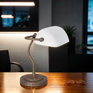 Bankerlampe Ministero Echt-Messing Glas Bronze Antik Weiß Tischleuchte