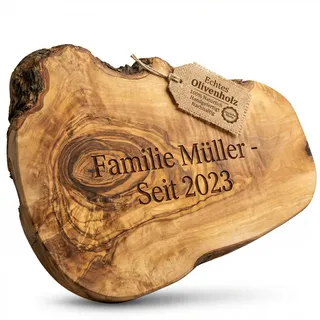 Schneidebrett personalisiert, Olivenholz - Rustikales Olivenholzbrett mit Gravur als individuelles Geschenk (45-49 cm)