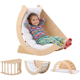 Relaxdays Kletterbogen für Kinder, ab 18 Monaten, Holz, Kissen, 50 kg, HxBxT 44,5 x 80 x 40 cm, Wippbogen, natur/weiß