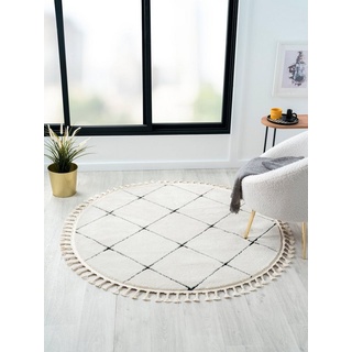 Myflair Möbel & Accessoires Hochflor-Teppich »Moroccan Square«, rund, 24 mm Höhe, modern, marokkanisches Design, Rauten Muster, weich, mit Fransen schwarz-weiß