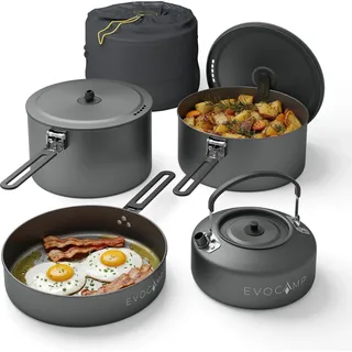 EVOCAMP Camping Kochgeschirr Set 4-teilig aus Aluminium, leichtes stapelbares Camping Geschirr mit klappbaren Griffen und Tragetasche, Outdoor Kochgeschirr für Camping, Reisen und Outdoor Küche