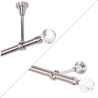 Gardinenstange 360 cm 1-läufig, Edelstahl-Look Vorhangstange 19mm mit Kristallkugel für Wandmontage- oder Deckenmontage - Silber