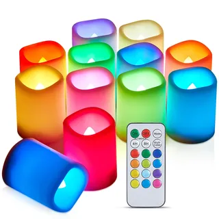 IMAGE RGB & weißes Licht LED-Kerzen 12 PCS batteriebetrieben Flammenlose Votivkerzen 270 Stunden lang flackernde Teelichter mit Fernbedienung Timer für Weihnachten Halloween Dekoration 1,5 x 2 Zoll