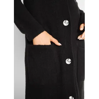 Strickmantel BONPRIX, Damen, Gr. 40/42 (M), schwarz, Strick, Obermaterial: 75% Polyacryl, 22% Polyester, 3% Elasthan, unifarben, regular fit kniebedeckend, tiefer V-Ausschnitt, Mäntel Strickmantel, aus Flausch-Garn, Regular Fit, mit aufgesetzten Taschen