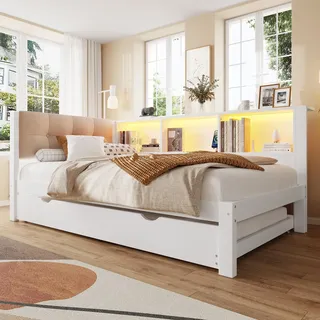 Holzbett mit gepolstertem Kopfteil, Gästebett, Mehrfachsteckdose, Regal und LED-Beleuchtung, 90x200cm, Einzelbett, Jugendbett - Weiß