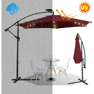 Fiqops 3.5m Sonnenschirm UV40+ Camping Pendelschirm Pavillon LED Solar Gartenschirm mit LED -Rot - Rot