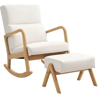 Homcom Schaukelstuhl mit Hocker, weiche Polsterung, Leinenoptik, Holzrahmen, Cremeweiß , Weiß , Textil , 65x94.5x96 cm , Wohnzimmer, Sessel, Schaukelstühle