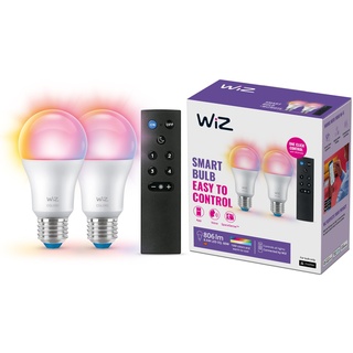 WiZ E27 LED Lampe Tunable White & Color, dimmbar, 16 Mio. Farben, smarte Steuerung per App/Stimme über WLAN, Doppelpack inkl. Remote