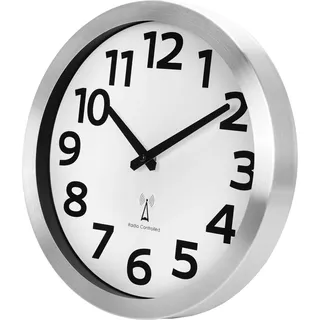 Crosstime Wanduhr Funk mit Aluminium Rahmen Große Zahlen,Funkuhr Wand Lautlos Geräuschlos für Küche Wohnzimmer Schlafzimmer Badezimmer Büro,30 cm Silber/Weiß