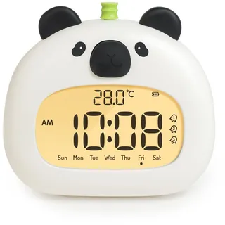IHALO Cute Panda Digital Kinderwecker mit Nachtlicht, Digitales LED-Display, Ok to Wake DREI Alarme, Wochenendmodus und Snooze, Datum, Uhrzeit, Temperatur, Wiederaufladbar, Dekoration für Babyzimmer