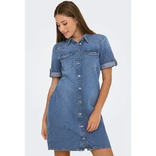 Jeanskleid ONLY "ONLLISA – Denimkleid mit Knopfleiste und Brusttaschen", Damen, Gr. S, N-Gr, blau (medium blau denim), Denim/Jeans, Obermaterial: 90% Baumwolle, 10% Viskose, unifarben, kurz, mit Umschlag, Kleider Jeanskleid, Baumwollmischung