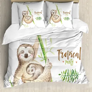 ABAKUHAUS Faultier Bettbezug, Happy Family Boho Stil, Milbensicher Allergiker geeignet mit Kissenbezügen, 155 cm x 220 cm - 80 x 80 cm, Pale Braun Grün - Braun